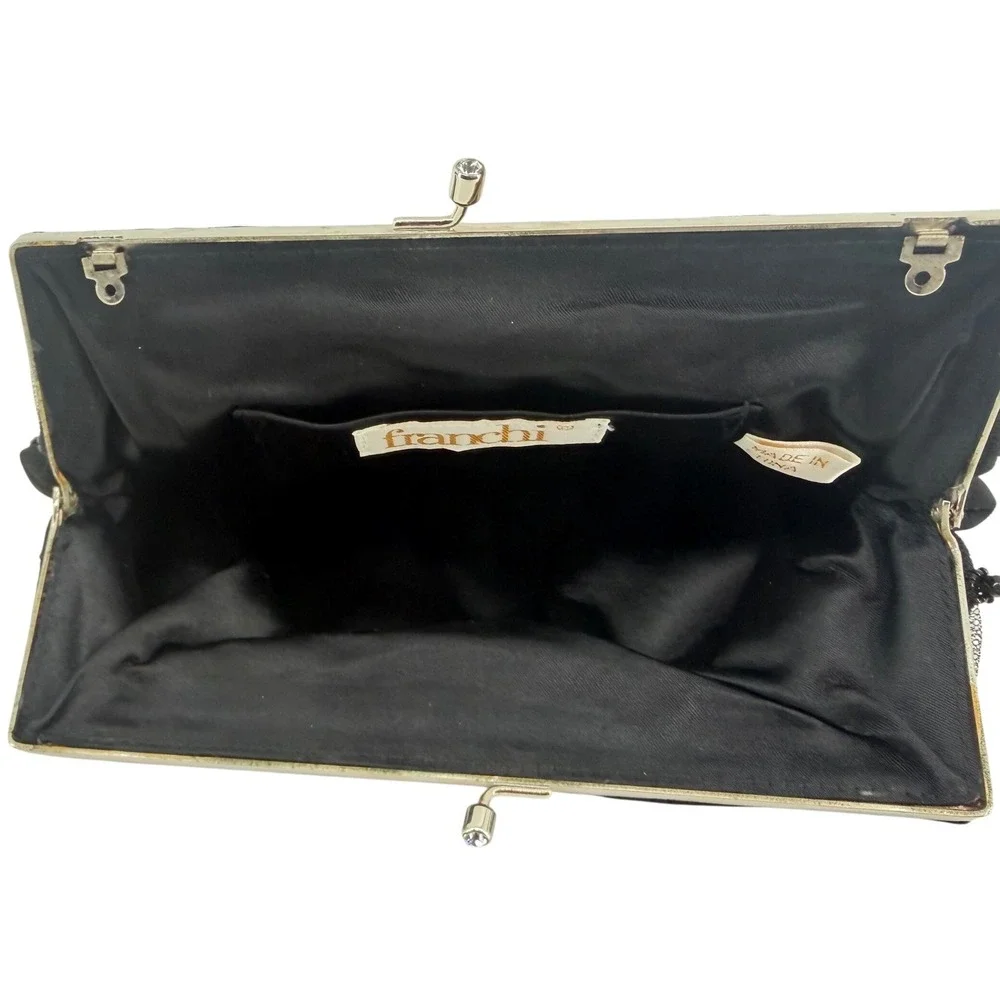 Franchi Women Black Beaded Sequin Floral Evening Clutch Bag Kiss Lock Rhinestone